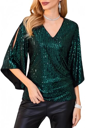 GRACE KARIN Womens Sequin Sparkly Tops 3/4 Sleeve Glitter Shimmer Party Dressy Blouse V-Neck Disco Club Concert Shirts