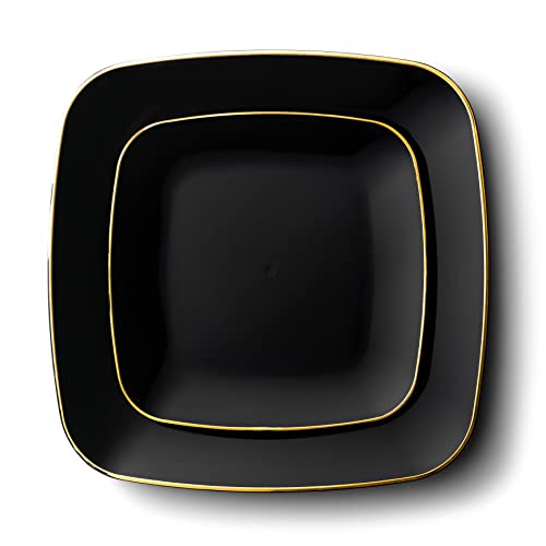 Decorline - Ensemble Vaisselles d'assiettes Plastique réutilisables de 32 pièces/Pour 16 Personnes - Classic Square - Noir/Or - Assiettes Dîner & Entrée...