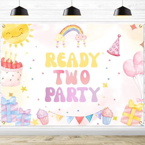 Ready Two Party Backdrop Banner Girls' 2nd Birthday Decorations Sweet Two Spring Summer Retro 2 Years Old Birthday Photography Background for Girls,7 * 5 Ft