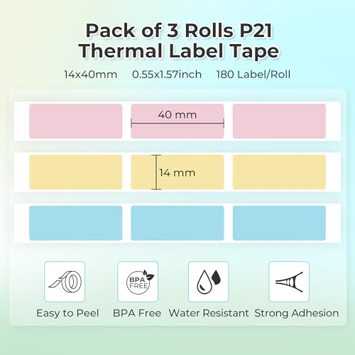 NELKO Original P21 Etikettenband-Ersatz, adaptiertes Etikettendruckpapier, 14 x 40 mm, standard-laminiertes Büro-Etikettierband, Mehrzweck-Etikettierband, P21, 180 Bänder/Rolle, 3 Rollen