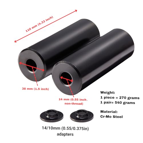Juscycling Cr-Mo Steel BMX Pegs, Non-Threaded Grinding Pegs, 110mm Length, 38mm Diameter, 14mm Axle Hole with 3/8" Adapter, (Black) by Juscycling - Image 3