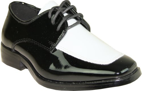 Vangelo Boy Tuxedo Shoe Tux-3K Two-Tone Square Toe Wrinkle Free Material For Wedding & Formal Event Black & White Patent 4Y #TOP25
