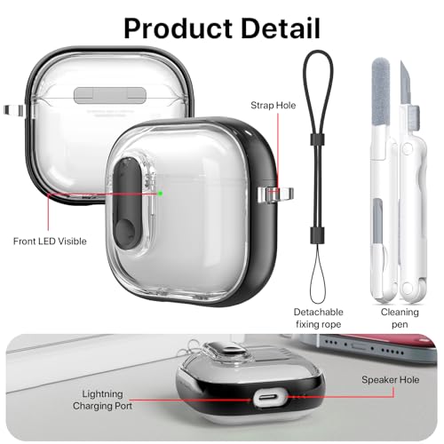 RFUNGUANGO (with Security Lock) Clear Protective Case for Airpods 4th Generation, Soft TPU Clear Airpods 4 Protective Case - with Cleaning Kit/Lanyard, Black by RFUNGUANGO - Image 4