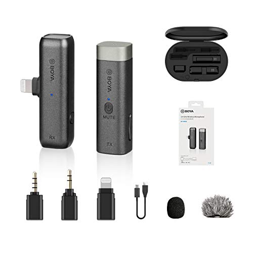 Micrófono inalámbrico BOYA BY-WM3D de 2.4 GHz con adaptador Lightning MFI y estuche de carga para iPhone