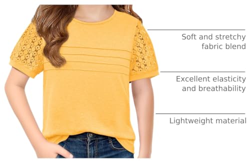 Image of Haloumoning Girls Short Sleeve T Shirts Kids Summer Lace Crewneck Tops Fashion Pleated Tees 5-14 Years