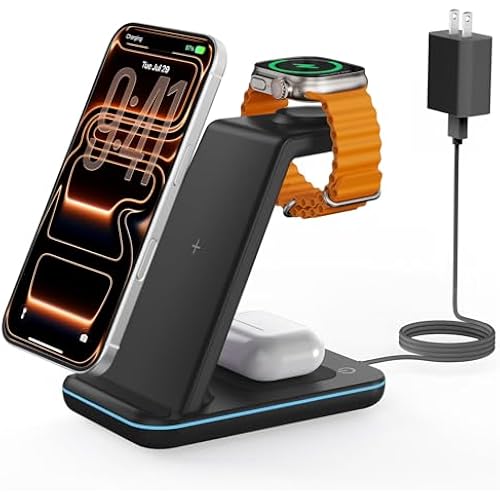Wireless Charger for iPhone Charging Station: 3 in 1 Phone Charger Stand for iPhone 17/16/15/14/13/12/11/SE/X Pro Max Plus - Apple Watch 11/10/9/Ultra 2/8/SE/7/6/5 - AirPods 4/Pro 2/3