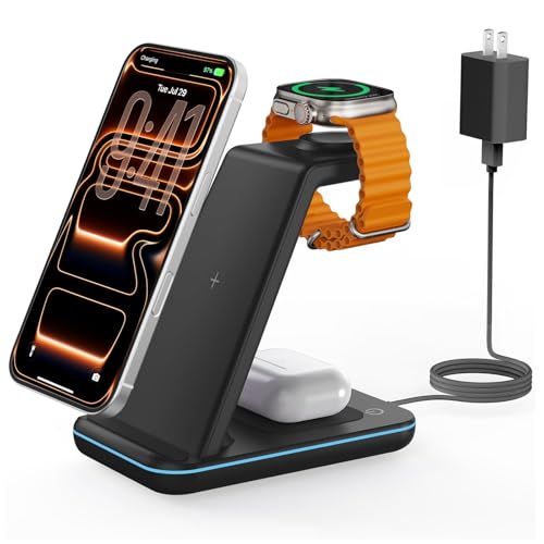 Image of Wireless Charger for iPhone Charging Station: 3 in 1 Phone Charger Stand for iPhone 17 /16 /15 /14 /13 /12 /11 /SE /X Pro Max Plus - Apple Watch 11 /10 /9 /Ultra 2 /8 /SE /7 /6 /5 - AirPods 4 /Pro 2 /3