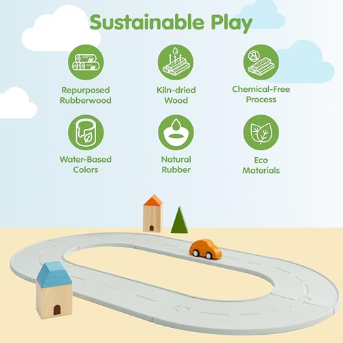 Image of PlanToys Rubber Road & Rail Set Small Montessori Play Set | Imagination, Problem Solving and Early Movement Exploration | Eco Friendly Road and Rail Set for Meaningful Play