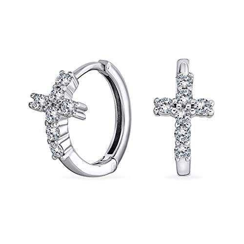 Spiritual Small Religious Kpop CZ Cross Huggie Small Hoop Earrings For Women For Men Pave Cubic Zirconia .925 Sterling Silver