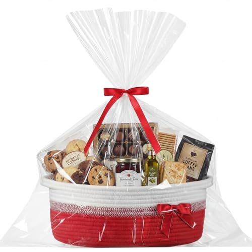 Colingmill Graduation Woven Gift Basket Empty with Handles Ribbons Bow Tie Bag, Decorative Graduation Woven Gift Basket, Grad Rope Storage Box Home Decor(14 x 10 x 5.5 Inch,Red White)