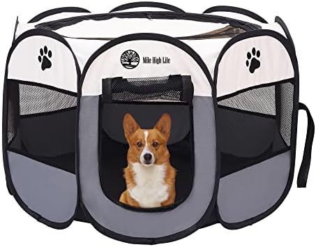 Mile High Life | Foldable Dog Playpen | Portable Dog Crate w Removable Shade Cover | Dog Kennel Indoor/Outdoor w Carry Case | Pen Tent for Dog/Cat/Rabbit(Gray, Small (29"x29"*17"))