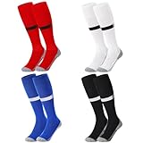 Utensilsto 4 Paar Fußballsocken Kinder 35-38 Sportsocken Lange Fußball Socken Atmungsaktiv Fußballstutzen für Jungen Mädchen von 9-12 Jahren,Rutschfeste Trainingssocken(Schwarz+Weiß+Blau+Rot)