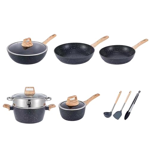 Tomotato Cookware Set Nonstick Pots and Pans, 4-Piece Saute Pan with Lid Frying Pan Saucepan, Induction Compatible Kitchen Cookware Set for Home Cooks Daily Use (Black)