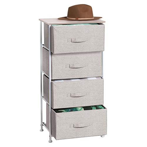 Image of mDesign Tall Dresser Storage Tower Stand with 4 Removable Fabric Drawers - Steel Frame, Wood Top Organizer for Bedroom, Entryway, Closet - Lido Collection - Linen/Tan
