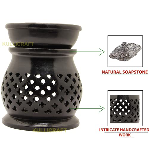 KC KULLICRAFT Marble Black Soapstone Candle Aroma Burner | Oil Diffuser | Tea Light Holder | Wax Warmer - Handmade Carving for Gifting. Decorative Home and Office Decor.
