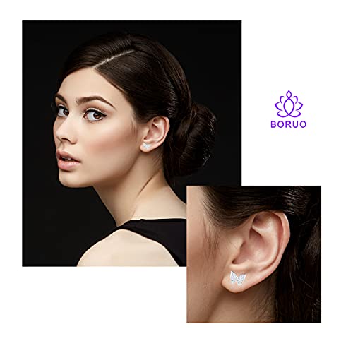 925 Sterling Silver Stud Earrings, Boruo Cubic Zirconia Butterfly Earrings #TOP1