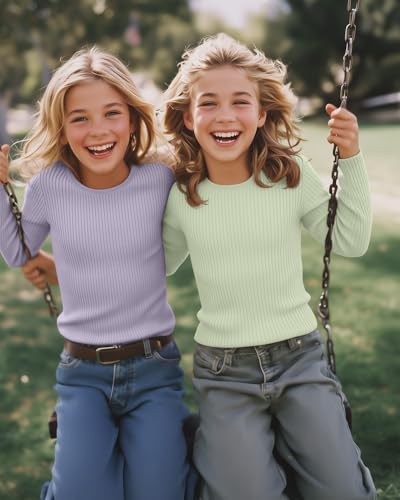 Image of 4 Pack Girls Long Sleeve Shirts Ribbed Knit Cotton Crewneck Tops Slim Fit Soft Casual Kids Base Layer Undershirts