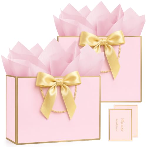 ANZNKU Pink Gift Bags Medium with Handles 2PCS for Wedding Birthday Party
