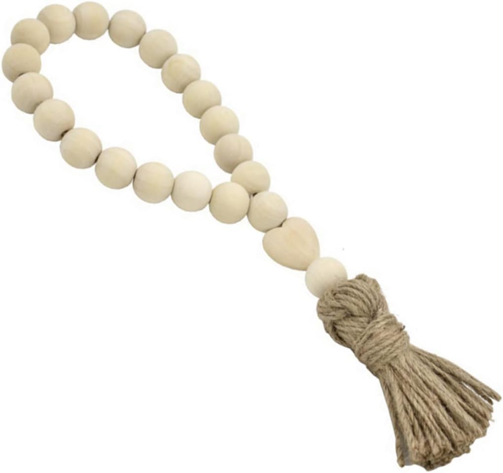 PRETYZOOM Rustic Wooden Bead Garland with Heart Pendant, 11 in Khaki Tassel Decor for Farmhouse Living Room, Bedroom & Office, Adds Warmth & Visual Texture to Walls