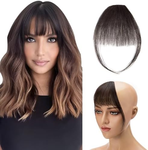 Hair Bangs Clip in #02 Dark Brown One Piece Hair Fringe Light Bangs Remy Human Hair Extensions Thin Front Hair with Temples