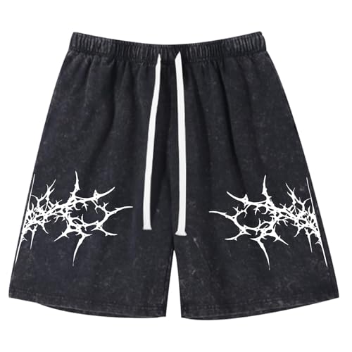 Fkatuzi Graphic Shorts Men Y2k Streetwear Shorts Workout Athletic Running Gym Elastic Waist Vintage Acid Wash Shorts Cotton(Black M)