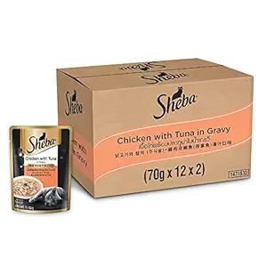 Sheba Fine Food for Adults Cats (+1 Years), Chicken with Tuna in Gravy Flavour, Pack of 24 (24x 70g)