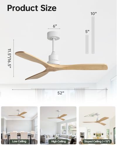 Sofucor 52 Inch Smart Wood Ceiling Fan No Light, Alexa/App/Remote Control — view 7