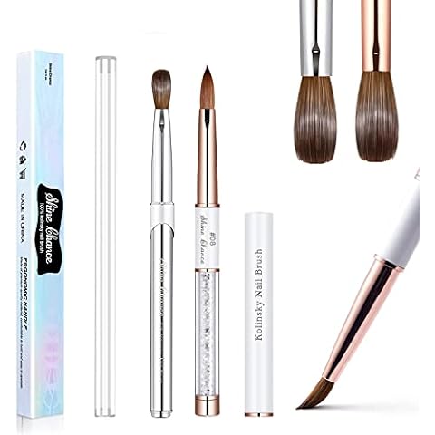 Shine Chance 2Pcs Acrylic Nail Art Brushes Size 8, 100% Pure Kolinsky Hair Oval Nail Brush for Acrylic Application, Professional Nail Extension Manicure Tool Striping Nail Drawing Pen for Home Salon Cover