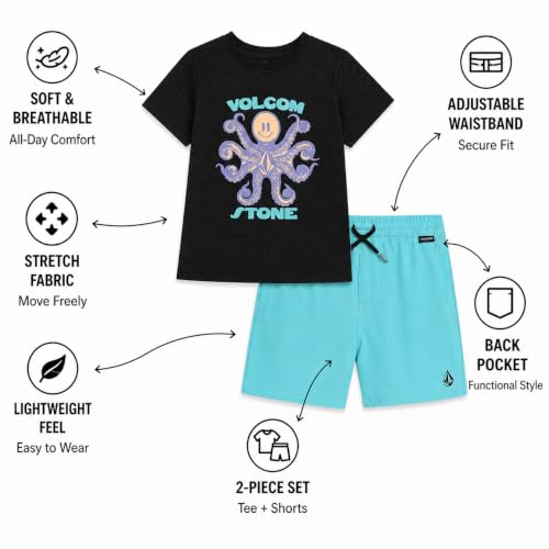 Image of Volcom Toddler Baby Boy Shorts Set - 2 Piece Short Sleeve Graphic Tees and Tech Stretch Shorts for Boys Infant Summer Clothes