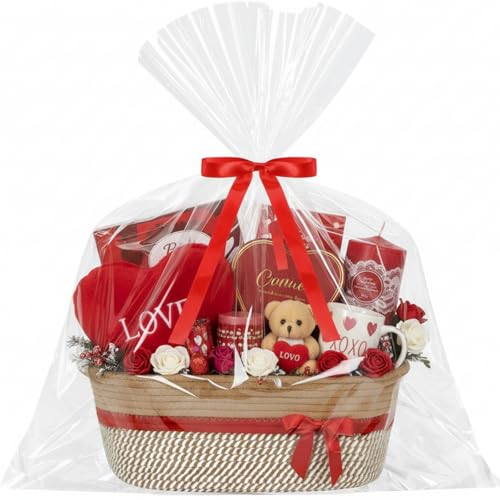 Image of Colingmill 1 Set Woven Basket for Gift Empty with Cellophane Wrap Set 14 x 10 x 5.5 Inch, Medium Decorative Gift Basket Empty to Fill, Cotton Rope Storage Box Decor (Brown Red)