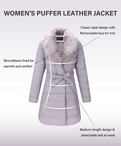 Bellivera Women Faux Leather Puffer Padded Jacket Bubble Fleece-Lined Coat With Removable Fur Collar 5527 Gray Xl #TOP2