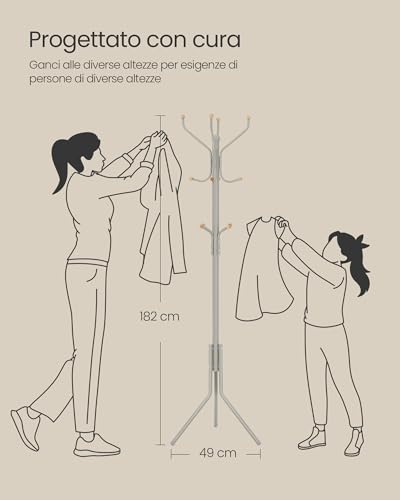 SONGMICS Appendiabiti da Terra, Attaccapanni Autoportante in Metallo, Altezza 182 cm, 12 Ganci, per Vestiti, Cappelli, Borse, Beige Cappuccino RCR019K01 - Immagine 5