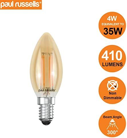 paul russells LED Filament Candle Light SES Small Edison Screw E14, 35w Equivalent 4W 380LM LED C35 Bulbs, 2200K Amber, Energy Saving NonDimmable Chandelier Lamps, Pack of 5
