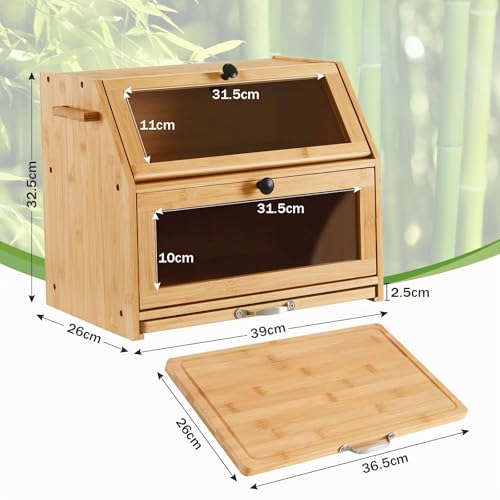 Miniatura 2 de Youdenova Panera Ecológica De Bambú Con Tabla De Cortar Y Caja De Almacenamiento, Visualizada Para Pan Tostado, 39 X 26 X 32,5 Cm, Bambú Natural