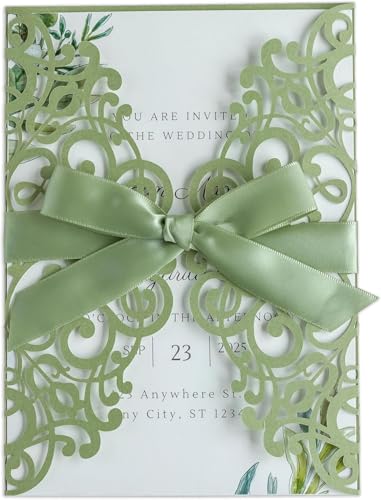 ponatia 25PCS Cuztomized Wedding Invitation Cards, Personalized Sage Green Invitations Cards with Envelopes, Laser Cut Invitations