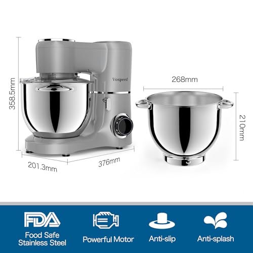 Vospeed Stand Mixer 8L Cake Mixer Electric Kitchen Food Mixer with Stainless Steel Bowl, Beater, Dough Hook, Whisk for Baking, Dishwasher Safe (Grey) - Image 5