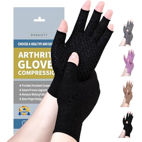 DRNAIETY Compression Gloves- Arthritis Gloves for Men & Women Hand Pain, for Relief of Rheumatoid Swelling, RSI, Carpal Tunnel Pain, Tendonitis, Anti-Slip Fingerless for Typing Daily Work (L, Black) Cover