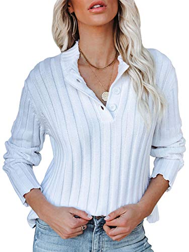 Blusa feminina de malha de cor lisa com gola V e manga comprida da Farktop, Branco, L