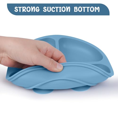 Miniatura 3 de Vicloon Pack De 3 Platos De Silicona Con Ventosa Para Bebé, Platos De Bebé Divididos Antideslizantes, Cubiertos Para Alimentación Infantil Sin Bpa, Para Lavavajillas Y Microondas Azul Rosa Beige
