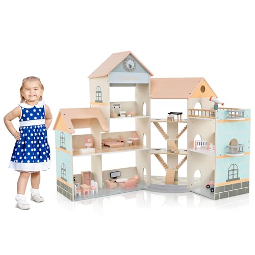 COSTWAY Juego de Casa de Muñecas Esquinera de Madera, Casita Infantil con Techo con 41 Muebles y Accesorios, Casa de Ensueño DIY con 3 Pisos, 6 Habitaciones, Patio y Garaje (Naranja)