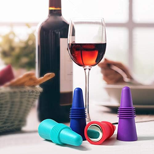 Premium Reusable Wine Bottle Stoppers, 4 PACK Colorful Silicone + Stainless Steel Wine Stopper, Beverage Bottle Stoppers, Wine Outlet Cap, Bottle Cover