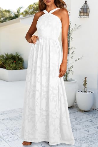 MITILLY Women's Summer Dresses 2025 Boho Halter Neck Sleeveless Smocked Floral Backless A Line Flowy Maxi Dress with Pockets2