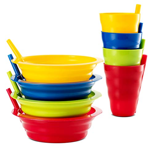 Plaskidy Cereal Bowls with Straws and Kids Straw Cups - Set of 4