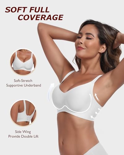 LUXMAY Wireless Comfortable Bra Seamless No Underwire Bras Full Coverage Push Up Women Wirefree Bras with Support White 38DDD