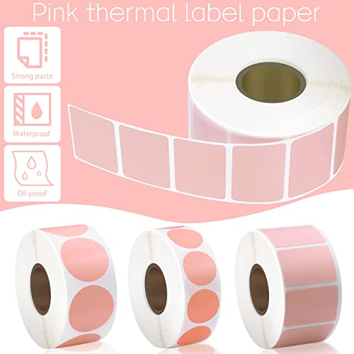 3 Rolls Mini Thermal Labels Thermal Printer Sticker 0.8 Inch-1.2Inch Small Size Self Adhesive Thermal Stickers Address Shipping Barcodes Sticker Labels For Printer, Square And Circle (Pink) #TOP5