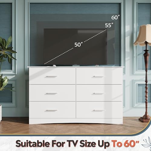 WLIVE White Dresser with 6 Drawers, Wide Wood Chest of Drawers for Bedroom, Large White Storage Tower Unit, Modern Minimalist Closet Store Organizer for Living Room, Hallway