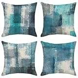 Emvency Set of 4 Throw Pillow Covers Turquoise and Grey Art Artwork Contemporary Decorative Gray Cushion Sofa Bedroom Car Decor Pillow Cases Home Decorative Square 18x18 Inches Pillowcases