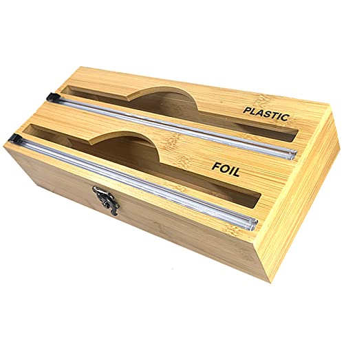 Foil And Plastic Wrap Organizer-2 In 1 Bamboo Plastic Wrap Dispenser With Slide Cutter And Labels Aluminum Foil Wax Paper Parchment Holder For Kitchen Drawer And Wall Mount,Compatible With 12" Roll #TOP4