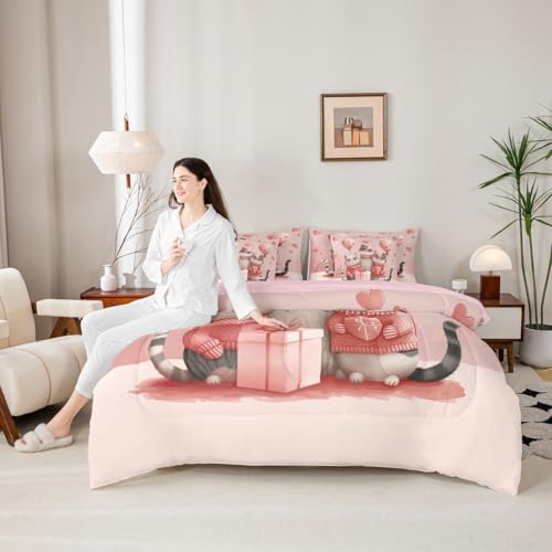 Image of Lovely Cats Comforter Set Full 7 Pcs Cute Cartoon Kitty Pink Heart Balloon Bedding Sets Valentine's Day Romantic Love All Season Comforter Flat Sheet Fitted Sheet 2 Pillowcases 2 Throw Pillow Covers