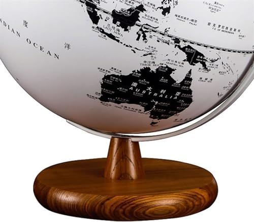 Czarno-biały globus świata lampka nocna, drewniana podstawa mapa geograficzna globus wystrój w stylu vintage do wyspy kuchennej salon sypialnia, 32 cm/12,5 cala